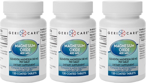 [BRSWKYIGAIBAC3L6] GeriCare Magnesium Oxide osagarria 240 mg Magnesio Elementalaren, 120 Tablet, funtsezko mineralen euskarria, Osasun baskularra, hezur-indarra eta muskulu-funtzioa sustatzen ditu (3ko paketea)