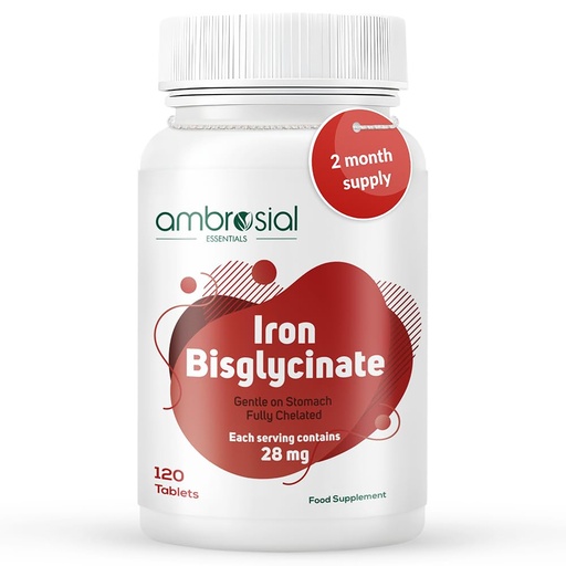 [BRSROHATAEHWC3L5] Ambrosial Iron Bisglycinate 28mg High Strength Tablets | High Absorption Iron Supplement for Tiredness and Fatigue for Women and Men | Pack of 1-120 Veg Tablets