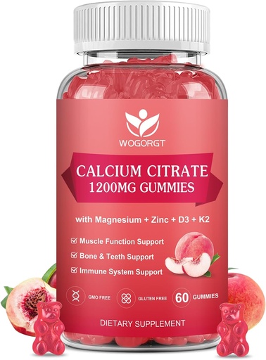 [BRSRAHA2BENRAFYZ] Calcio Citrate 1200mg Gummies con vitamina D3 K2 - Calcio Chewable Magnesio Zinc d3 Suplemento con el Extracto de Moss Mar para el Hueso, Dientes, Apoyo Inmunitario para Hombres Mujer, Blanco Peach Flavor - 60 Gummies