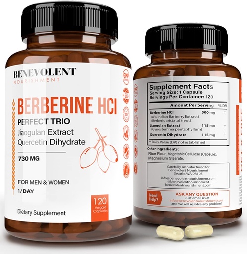 [BRSWGBARCUFWACI3] Premium Berberine HCL 730mg - 120 VCAPS Perfect Trio Complex with Non-GMO Jiaogulan & Quercetin