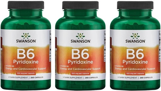 [BRSWGFD3BYFBSGY6] Swanson B6 Piridoxine - Vitamīnu papildterapija Sirds un asinsvadu veselības un enerģijas vielmaiņas veicināšanai - Dabiskā formula, kas veicina vispārējo labsajūtu - (250 kapsulas, 100mg katrs) 3 iepakojums