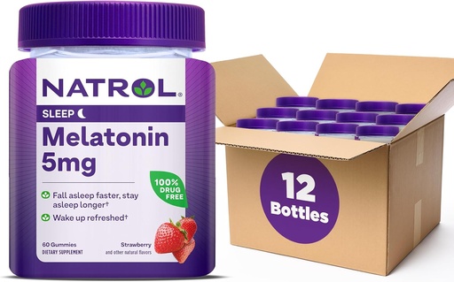[BRSRMADQA4NWYCLJ] Natrol 5mg Melatonin Gummies, Apoyo al sueño para adultos, Suplementos de Melatonina para dormir, 60 Gummies de sabor a fresa, 30 Day Supply (Pack of 12)