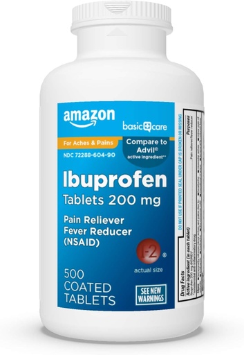 [BRSWGZQYCJYWMG3P] Soins de base Ibuprofène comprimés 200 mg, analgésique/réducteur de fièvre, 500 Compte