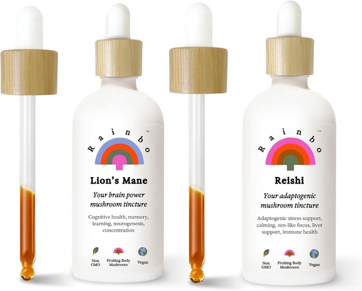 [BRSRAYIDO5YAOYAY] Rainbo Brain Health Bundle, Lion's Mane Mushroom Extract + Reishi Mushroom Tincture, Dual Extract Daily Mushroom Tinctures for Comprehensive Immune Support, Vegan Liquid Mushroom Supplements