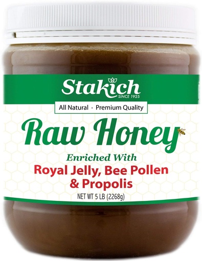 [BRSWIYYFCIIQCDI5] Stakich Royal Jelly Bee Pollen Propolis Honey - Raw, Unprocessed - 80 oz