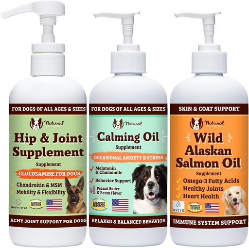 [BRSRMGIYCAORY2A2] Natural Dog Company Wellness Bundle Food Oil Toppers Including (1) Wild Alaskan Salmon Oil, (1) Liquid Glucosamine, (1) Calming Oil