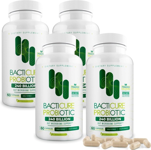 [BRSW2A3QA4DWKFDU] Bacticure Probiotic 240 Capsules | Probiotics Supplement w/High CFU Formula for Men & Women | Prebiotics & Digestive Enzymes for Digestion & Gut Health, Vaginal Health, Colon Cleanse, Immune Support