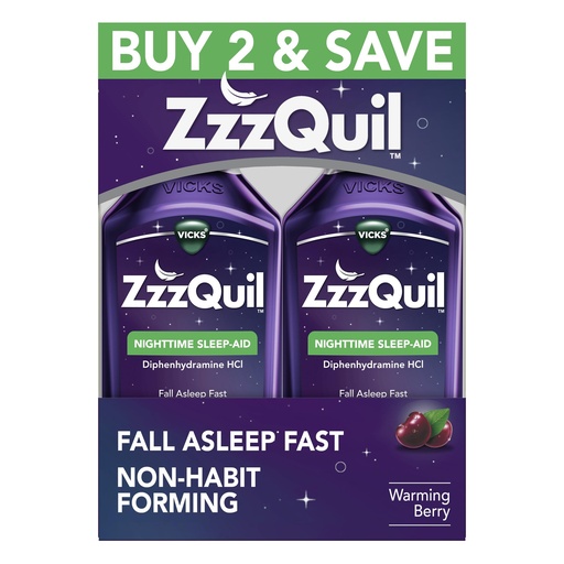 [BRSWIZIGCAFQ2C3U] ZzzQuil, Sleep Aid, Nighttime Sleep Aid Liquid, 50 mg Diphenhydramine HCl, Fall Asleep Fast, Non-Habit Forming, Warming Berry Flavor, 12 FL OZ (Pack of 2)