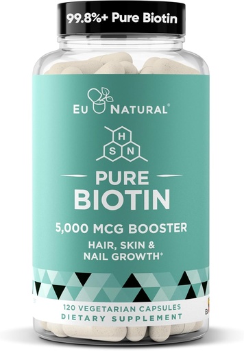 [BRSWIEAZAQMQY2DI] Biotin 5000 µg Hair Skin Nails Supplement - High- Potencial Hair Growth Vitamins for Women & Men - Erőteljes támogatást nyújt az egészséges haj, erősebb körmök és csillogó bőr - 120 Vegan Soft kapszula