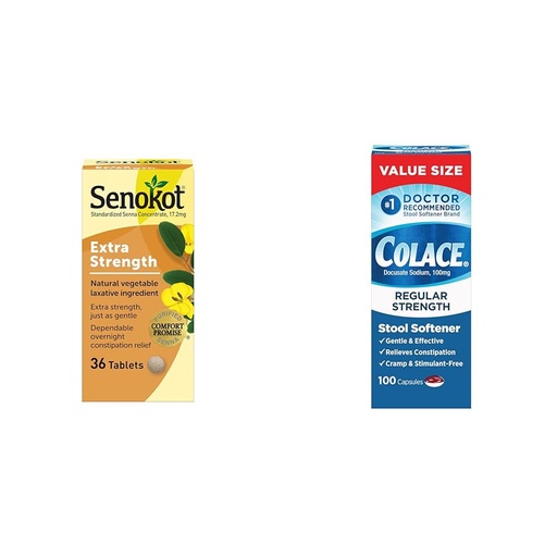 [BRSROBL3DIOWEFDX] Senokot Extra Strength Natural Vegetable Laxative for Gentle Overnight Relief & Colace Regular Strength Stool Softener 100 mg Capsules 100 Count Docusate Sodium Stimulant-Free