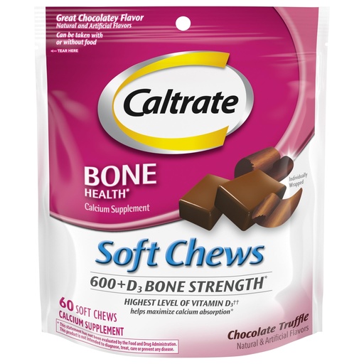 [BRSWIZTZBF4QKYA7] Caltrate Soft Chews 600 Plus D3 Calcium Vitamin D Supplement, Chocolate Truffle - 60 Count(Packaging May Vary)
