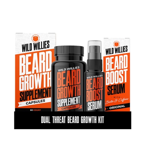 [BRSROAIPBMOWAC3P] Wild Willies Beard Growth Kit - Capsules & Boost Serum - Natural Growth Oil With Biotin & Caffeine - Vitamins for Fuller, Thicker Beard - 60 Capsules - For Men