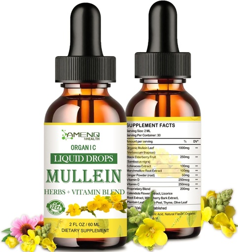 [BRSROBIRBYBGCAA4] Mullein Drops för Lungs, Lung Detox & Cleanse för rökare, Organic Mullein Leaf Extract för Lungs w. Elderberry, Ginger, Mullein Tincture Alcohol gratis för andningslung hälsa 2 FL / OZ