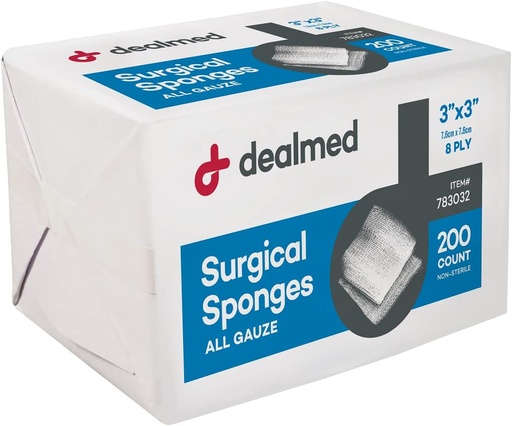 [BRSWGAQLOQDQYYLP] Dealmed 3" x 3" Surgical Sponges, 8-Ply, Non-Woven Absorbent Gauze Sponges for Wound Care, First Aid Kits and Medical Facilities, 200 Count (Pack of 1)