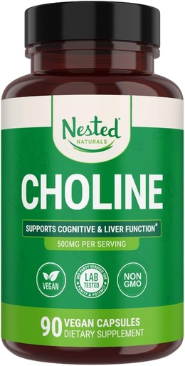[BRSWKE3QCQCREA3O] Nested Naturals Choline Bitartrate 500mg - High Potency Choline Supplements - Supports Cognitive Performance " Liver Function - 100% Vegan " Non-GMO Choline - 90 Vegan Capsules