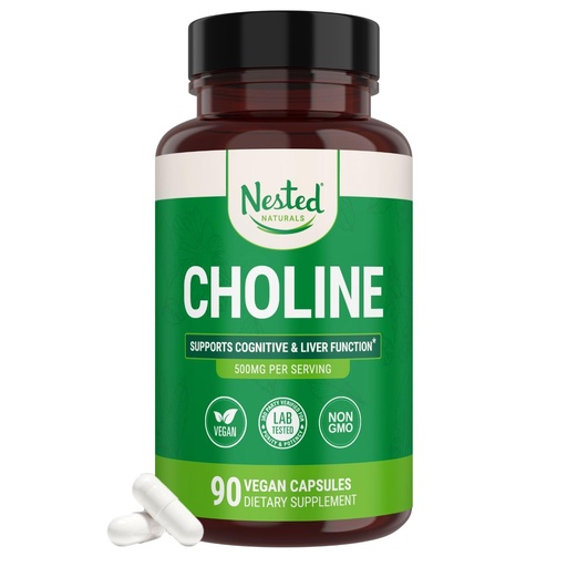 [BRSWKE3QCQCREA3O] Nested Naturals Choline Bitartrate 500mg Per Serving - High Potency Choline Supplements - Supports Cognitive Performance & Liver Function - 100% Vegan & Non-GMO Choline - 90 Vegan Capsules