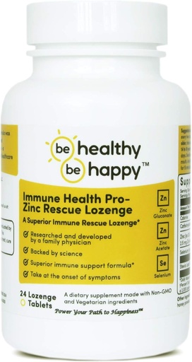 [BRSWY2Q5BF4GY3QZ] Be Healthy! Be Happy! Immune Health Pro - Zinc Rescue Lozenge Common Cold Relief Formula & Immune System Support 24 Count.