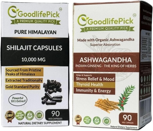[BRSRA2Q6PN6W23D2] Himalayan Shilajit Capsule & Ashwagandha Capsules Pack of 2. 90+90 ct Gold Standard Premium Quality for Max Benefits. All Natural Non GMO No Rice Powder No Filler No Silicon Dioxide No Stearate