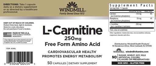 [BRSWKHTZA56RMG3C] Windmill L-Carnitine 250 mg Capsules 50 Nombre (3 Pack)