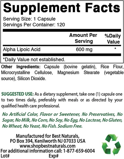 [BRSRMBIZC57QED3A] Best Naturals Alpha Lipoic Acid 600 mg & B-100 Complex
