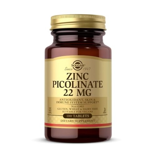 [BRSWIYT3OMABOFLO] Solgar Zinc Picolinate 22 mg, 100 Tablets - Promotes Healthy Skin - Supports Immune System, Normal Taste & Vision - Antioxidant – Non-GMO, Vegan, Gluten Free, Kosher - 100 Servings
