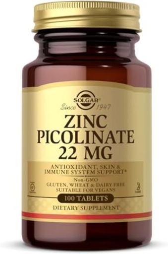[BRSWIYT3OMABOFLO] Solgar Zink Picolinat 22 mg, 100 tabletter - fremmer sunn hud - støtter immunsystem, normal smak og visjon - Antioksidant - ikke-GMO, Vegan, Glutenfri, Kosher - 100 serveringer