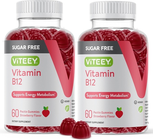 [BRSRMHAHDMCQEFA3] Viteey ויטמין B12 Gummies for Adults & Teens 1000mcg, Sugar Free - Good for Energy, Metabolism, Natural Energy Support - טבעוני, Gelatin חינם, Gluten Free, GMO חינם - Chewable Strawberry פלמור