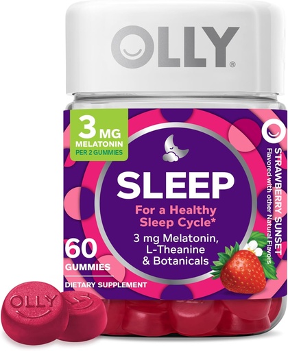 [BRSRMFIDDMHQE3LU] OLLY Sleep Gummy, 3 mg Melatonin, L-Theanine, Chamomile, Lemon Balm, Sleep Aid, Strawberry, 60 Count