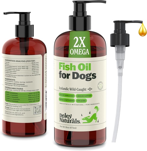 [BRSWECQ7DMJREG3K] Deley Naturals Dog Fish Oil Icelandic 2X Omega - Dog Itching Skin Relief with Omega 3 6 9 for Allergies, Coat & Heart - Omega 3 Fish Oil for Dogs Skin Irritation - 16oz Omega Oil for Dogs Made in USA