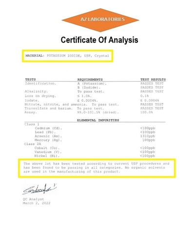 [BRSWKGACBEPAYG3G] Potassium Iodide, Ultra high Purity USP Grade Crystals/Powder, 100%, 100 Grams/Same Day Ship