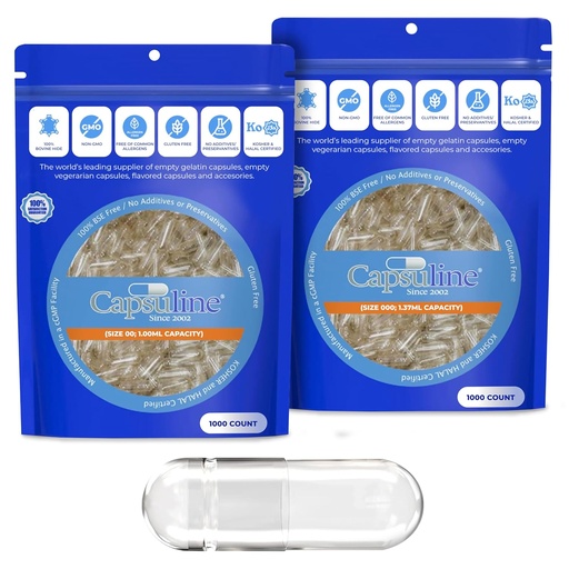 [BRSRAZL4OYMBGH3O] Capsuline Tamaño 00 y Tamaño 000 Gelatin Empty Capsules, 1000 Conde Bundle, Empty Gel Pill Capsules, DIY Pure Bovine Pill Capsule Filling, Empty Caps, Kosher, Gluten Free and Non-GMO Certified, Clear