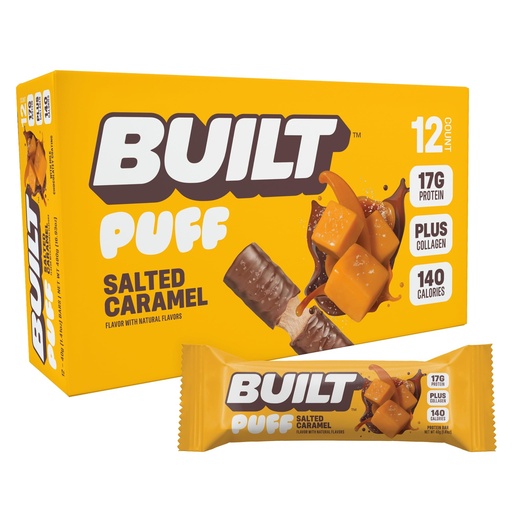 [BRSRAFIEAUCWMDL3] BUILT Bar Puff Protein Bars - Salted Caramel - 17g Protein Snack Bars with Collagen - Calorie Conscious & Gluten Free - 12 Count