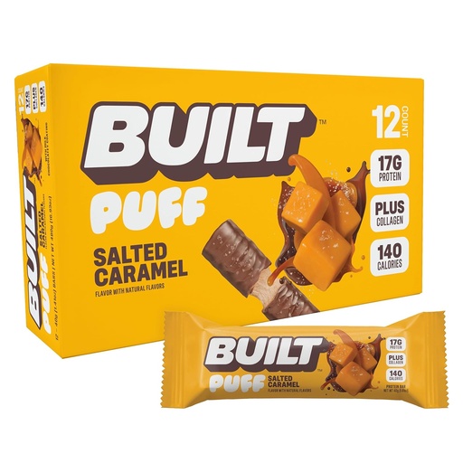 [BRSRAFIEAUCWMDL3] Bar costruito, Barre di proteine di Puff, Puff di Caramel salato, 17g snack proteici, Barre On-The-Go, Solo 140 calorie, 6g zucchero, collagene, senza glutine, 12 conte