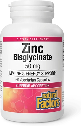 [BRSRMCAROABAYFLK] Factores naturales Zinc Bisglycinate, 50 mg, 60 cápsulas vegetarianas