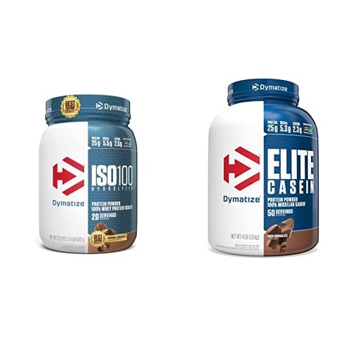 [BRSRMYY7CQNQMGT5] Dymatize ISO100 Hydrolyzed Protein Powder, 25g of 100% Whey Isolate Protein, Gourmet Chocolate, 20 Servings Elite Casein Protein Powder, 100% Micellar Casein, Rich Chocolate, 4 Pound