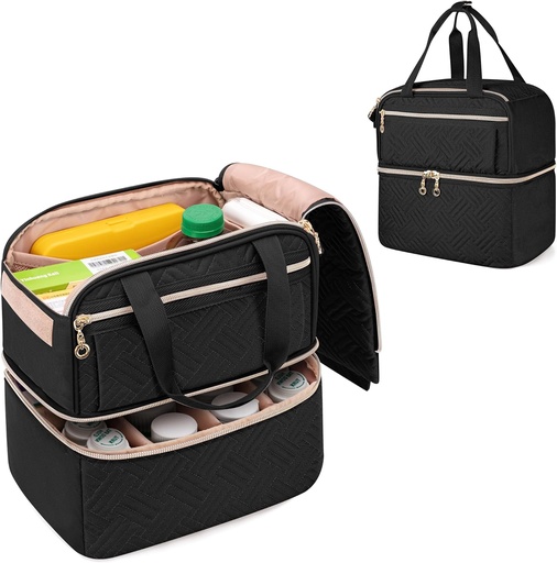 [BRSROHAQBF5AGFDG] Damero Double Layers Pill Organizer Sac de rangement de médicaments vide et verrouillable Sac de voyage avec 4 séparateurs personnalisés pour bouteilles d'ordonnance, Suppléments médicaux, Noir