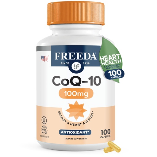 [BRSWGCTYOF6W2FDO] FREEDA CoQ10 100mg - Kosher Coenzyme Q10 Dietary Supplement for Cardiovascular Heart Health, Blood Pressure Support, Oral Gum Health, and Healthy Aging - Pure CoQ10 Capsules, 100 Count