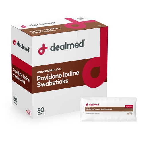[BRSW2CACB57RSCLU] Dealmed Povidone Iodine 10% Swabsticks - Individually Sealed Packets Perfect for Wound Care and Portable First Aid Kits, 50/Box (Pack of 1)