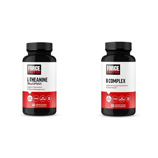 [BRSRAY33AF5GKG34] Force Factor L Theanine 200mg and Vitamin B Complex Supplement Bundle, 60 Capsules Each