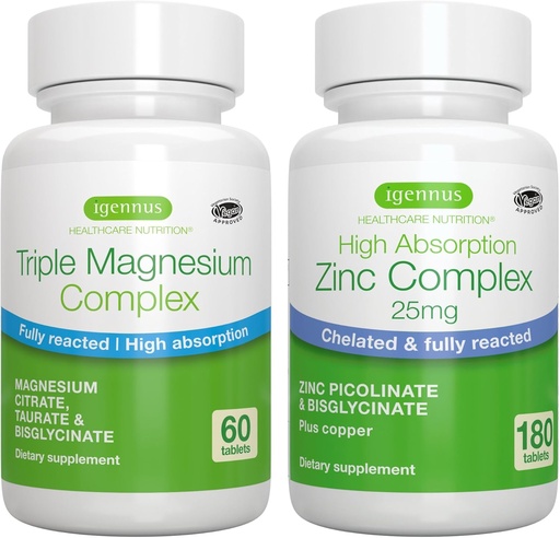 [BRSRM23YOIIG23DU] Complexe triple Magnésium + complexe de zinc Mélange végétalien, haute absorption Magnésium chélaté + 25mg Picolinate de zinc chélaté et bisglycinate avec cuivre, par Igennus