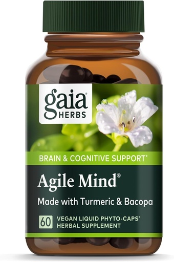 [BRSWGAQLDMOQKDQY] Gaia Herbs Agile Mind - Brain & Cognitive Supplies - Organic Turmeric Root, Bacopa, Black Pepper, és Ginkgo Biloba - 60 Vegan Liquid Phyto- Capsules (30- napos ellátás)