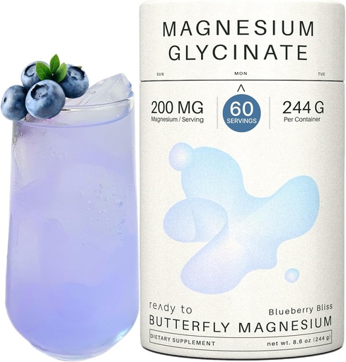 [BRSRAGD4O56AAYL6] Magnesium Glycinate Powder 200mg | High Absorption Chelated Bisglycinate with Organic Butterfly Pea Flower | Supports Stress Relief, Calm & Sleep | 8.6 oz, 60 Servings