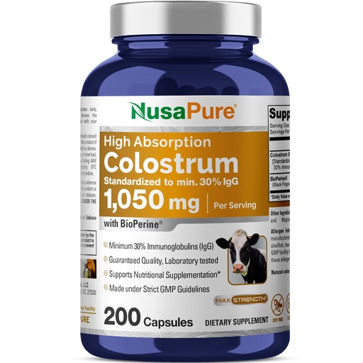 [BRSWGZYYDEPGCETU] NusaPure Colostrum 1050mg 30% IgG 200 capsules (Non-GMO, Soyfree) Bioperine