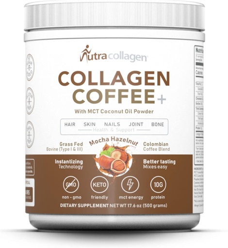 [BRSROYYZPINBAA3G] NUTRACOLLAGEN Peptide Powder with Premium Columbian Coffee; Grass-Fed; Keto Friendly, MCT Coconut Oil Powder, Soy Free, Gluten Free, Sugar Free, 40mg Caffeine/SVG; Mocha Hazelnut 25 Servings