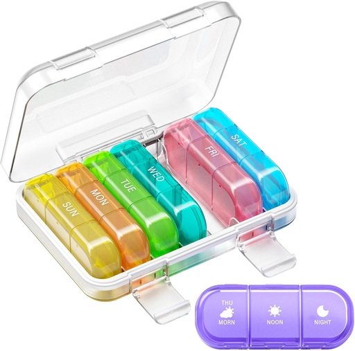 [BRSRAHD5CENRQFA6] Organizator de pastile săptămânale de 3 ori pe zi, 7 zile cutie de pastile portabile pentru pastile, vitamine, ulei de pește, medicamente, suplimente (3x7 transparent + Rainbow)