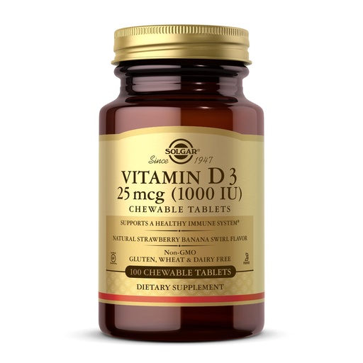 [BRSWIHYNBV6WMHTM] Solgar Vitamin D3 (Cholecalciferol) 25 mcg (1000 IU), Natural Strawberry Banana Swirl - 100 Chewable Tablets - Non-GMO, Kosher - 100 Servings