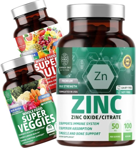 [BRSRAH3YCNYAO3I6] Number One Nutrition N1N Premium Super Fruits & Veggies Supplement [40 Whole Foods, Aloe Vera, Vitamins] and Zinc 50mg [3X Absorption], 2 Pack Bundle