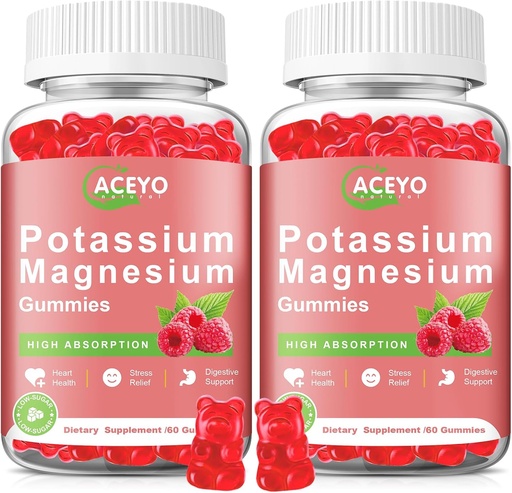 [BRSROFINAQBQEADG] 2 Pack Kalium Magnesium Gummier til voksne børn Høj Absorption Leg Cramp & Muscle & Heart Health Immunforsvar Raspberry Magnesium Gummies Chewable Gummy Supplement Vegan Non- GMO