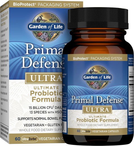 [BRSWIZQMAEJQMCLC] Garden of Life Probiotics for Digestive Health and Gut Health Balance, Primal Defense Ultra Ultimate Formula, 15 Billion CFU and 13 Strains Plus HSOs, Vegetarian and Gluten Free, 60 Capsules