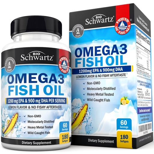 [BRSW2CYECEBR6FDO] Triple Strength Omega 3 Fish Oil 3000mg - High Potency Omega 3 Supplement for Women and Men, Burpless Lemon Flavor Fish Oil - 2250mg Essential Fatty Acids with DHA & EPA, Wild Caught, 180 Softgels